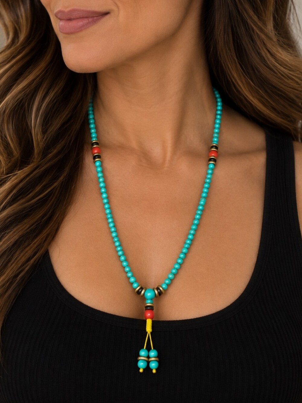 💎 Turquoise Beaded Southwest Boho Necklace Red Black Tassel Pendant